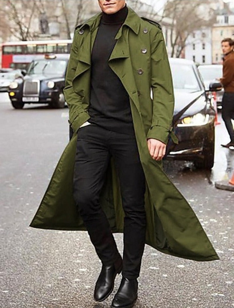 Klassisk lang trenchcoat til mænd med bælte og dobbeltradet lukning